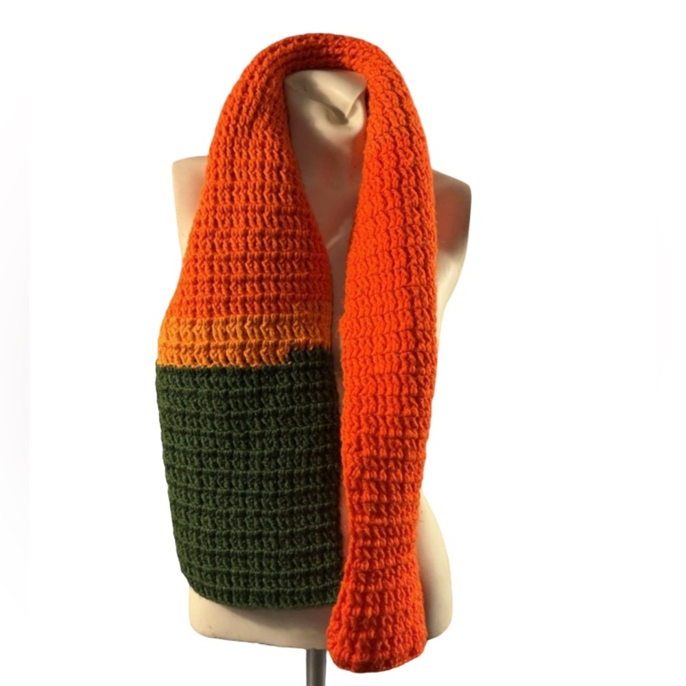 Handmade Colorblock Crochet Scarf in Orange, Green & Gold